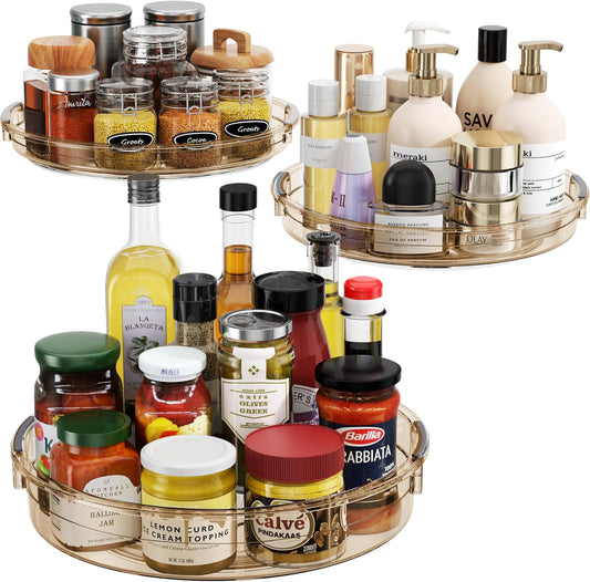 LAMU 3 Pack Lazy Susan Organizer Turntable for Cabinet, Condiment Organizer for Kitchen Pantry Organizers and Storage, Table Top, Fridge, Countertop, Spice Organization, 12'' 10.6'' 9.25'', Amber