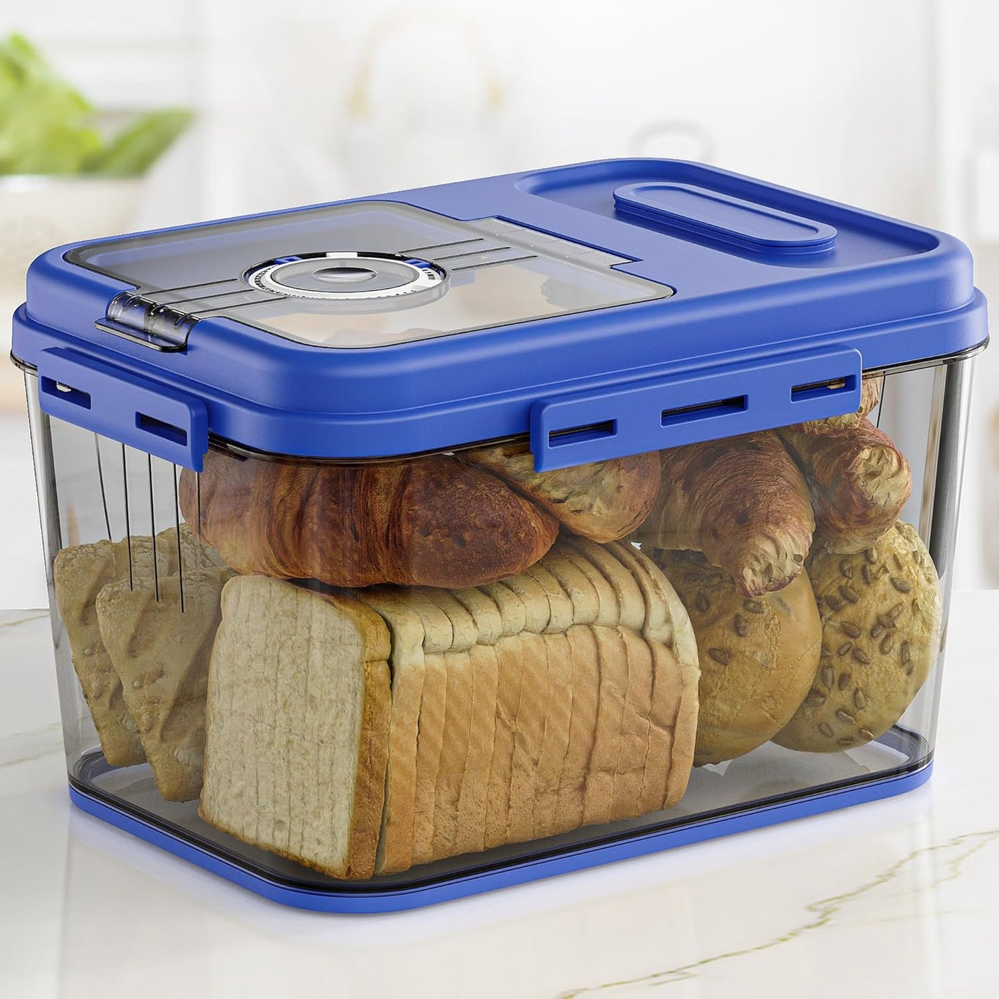 Bread Box For Kitchen Countertop, Airtight Bread Storage Container, Bread Keeper For Homemade Bread, Cookies, Cereal, Fruits, Large Blue.