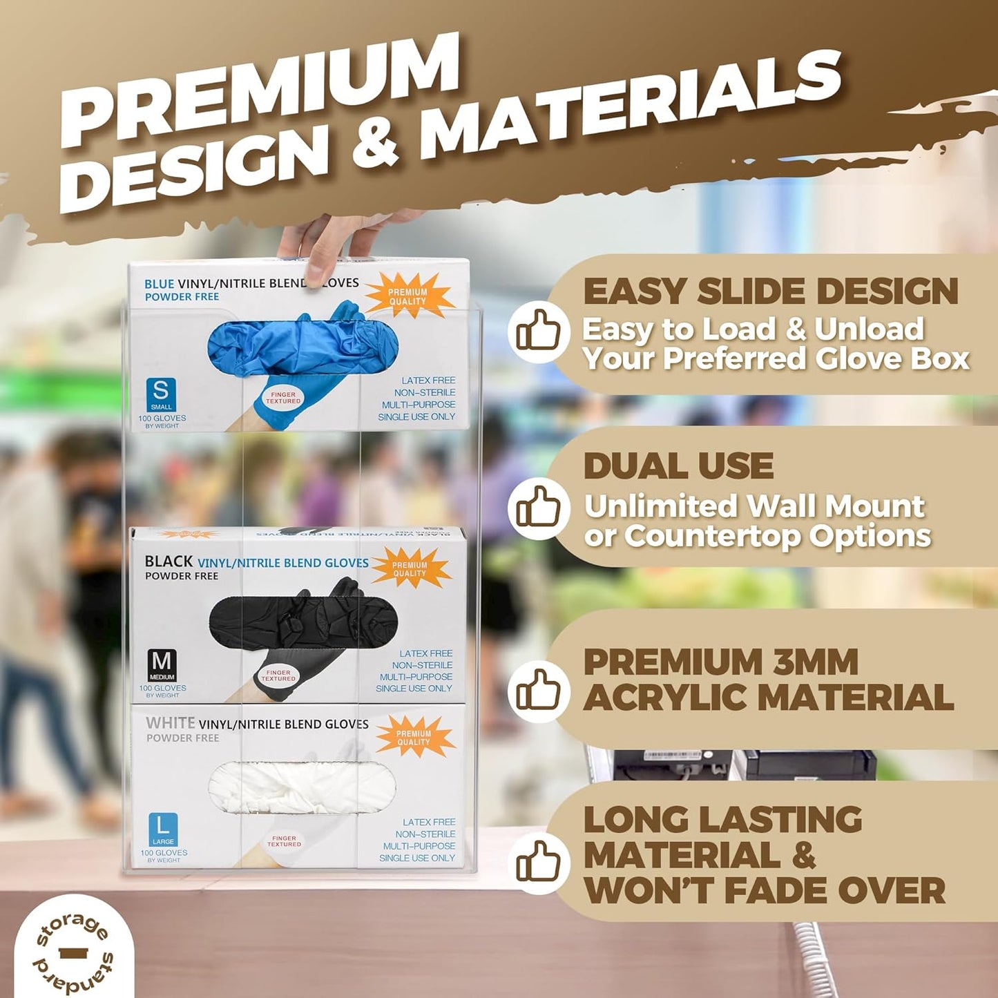 Storage Standard Triple Glove Box Holder Dispenser - Kitchen, Medical, & Latex Glove Holder Wall Mount or Countertop, Universal Fit - Thick Acrylic, Easy to Use, Slide, & Load Open Top Design - Clear