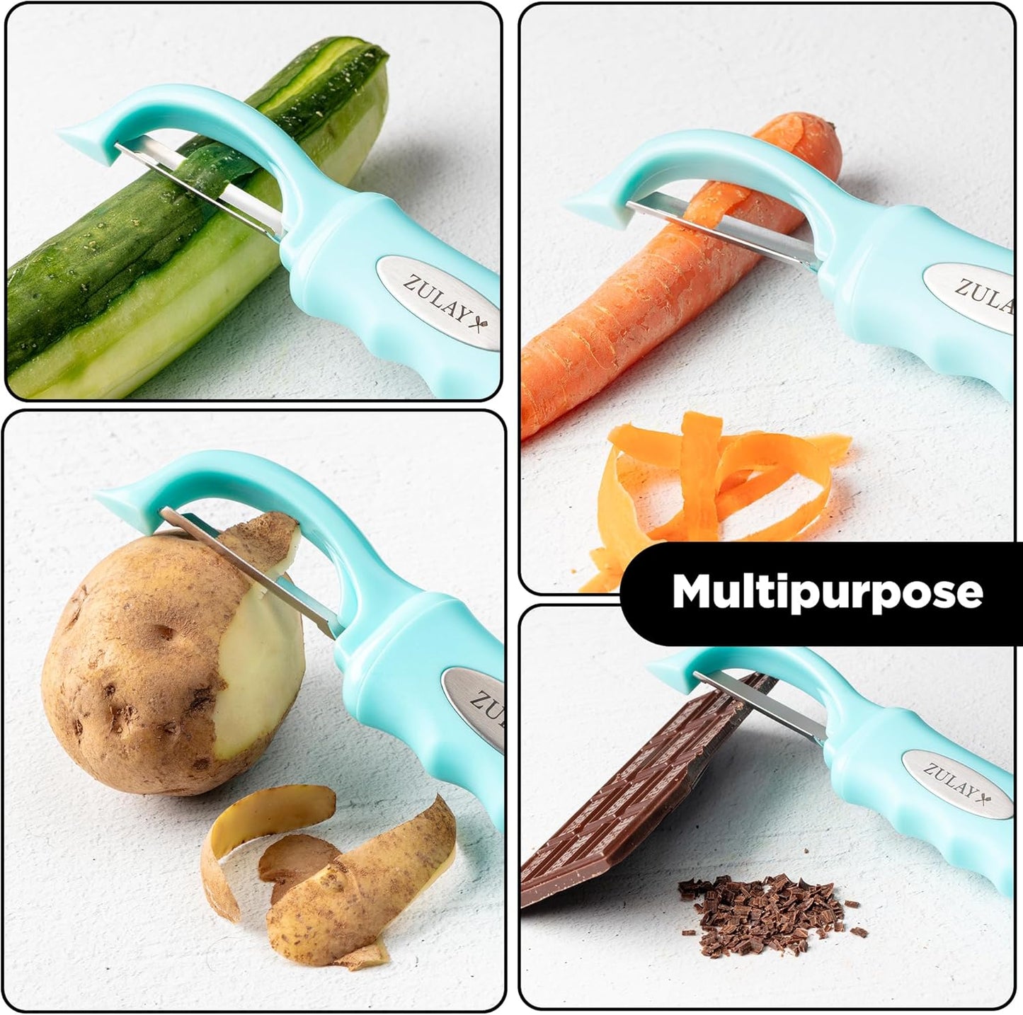 Zulay Kitchen Premium Vegetable Peeler for Kitchen - Swivel Peeler with Razor Sharp Stainless Steel Blades & Strong Ergonomic Handle - Dishwasher Safe, Easy To Use with Blemish Remover - Light Blue