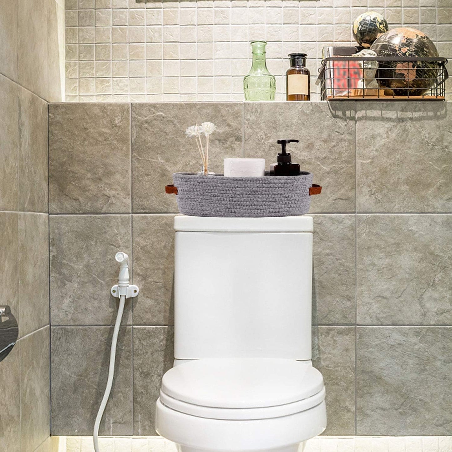 2 Pack Cotton Rope Small Woven Basket,Toilet Paper Basket,Room Storage Basket with Handles for Bathroom, 13"x5.9"x4" Gary