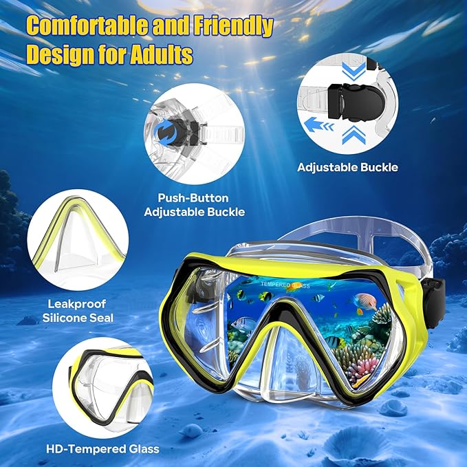 Snorkeling Gear, Dry Snorkel Set180° Panoramic Wide View,Anti-Fog Scuba Diving Mask, Professional Snorkeling Gear for Free Breathing, Swimming, Diving