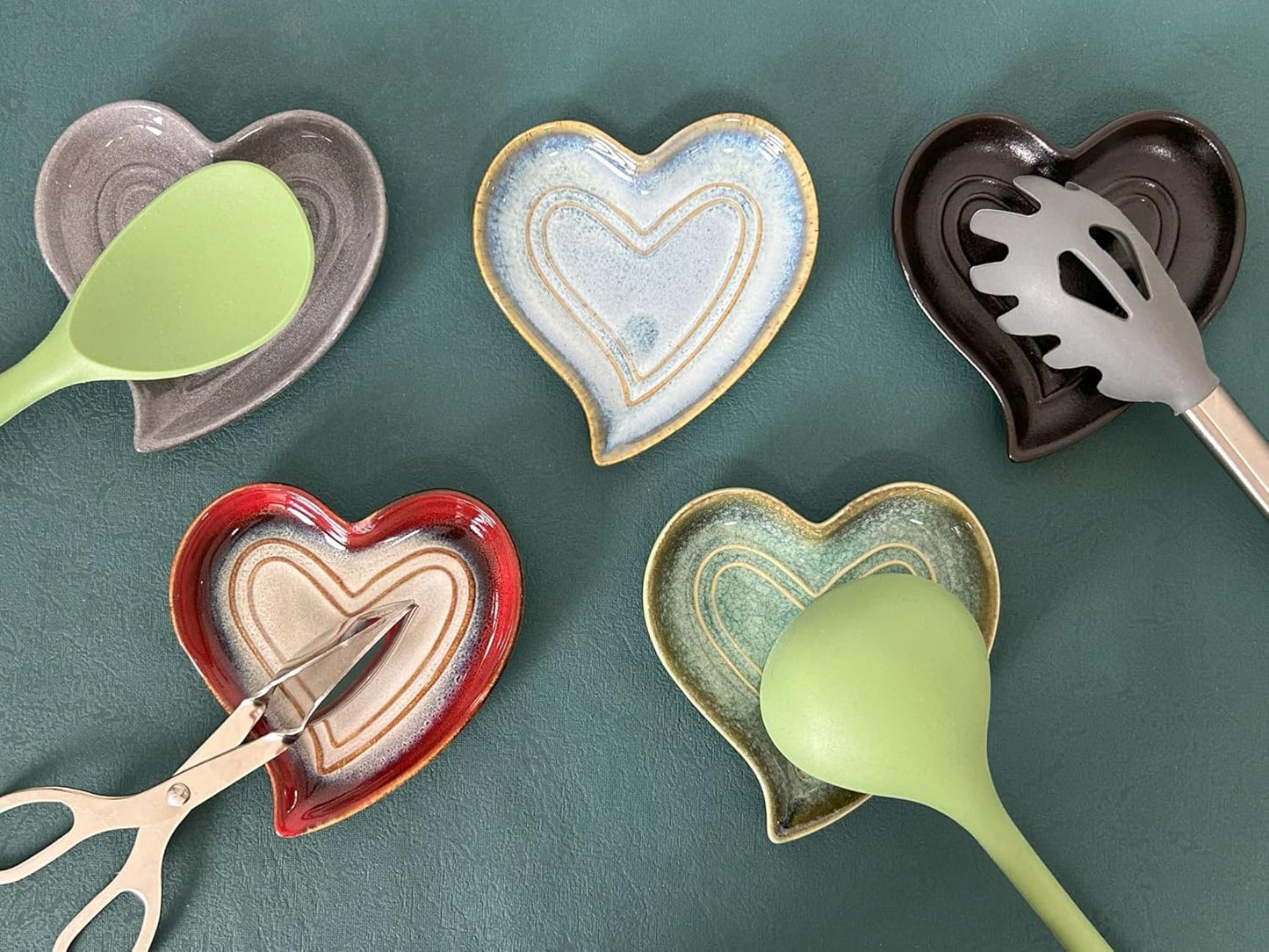 Ceramic Spoon Rest for Stove Top, Heart Cute Spoon Rest for Kitchen Counter, Cooking Spoon Holder for Kitchen Counter, Utensil Rest Spatula Rest Ladle Holder Tong Rest (Retro Sea Blue)