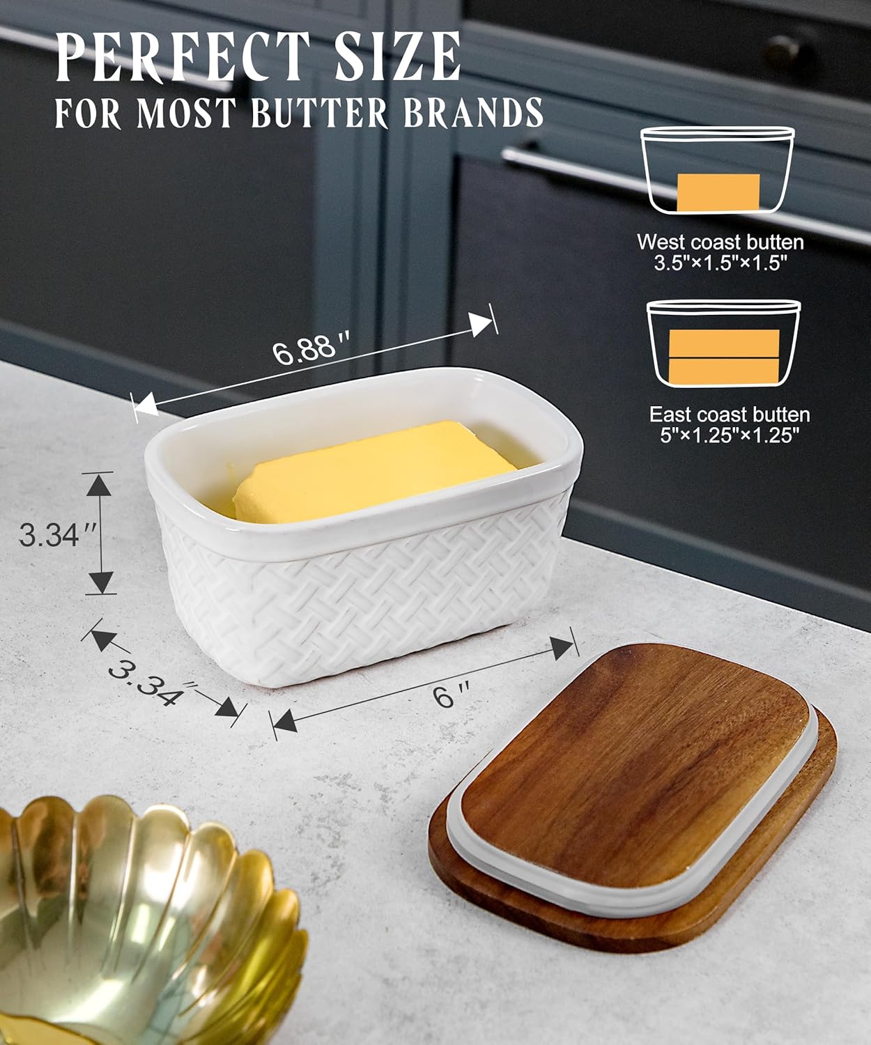 Nucookery Ceramic Butter Dish, Embossed Butter Keeper with Wood Lid for Countertop, Butter Holder and Container with Double Silicone Seal, Woven Pattern