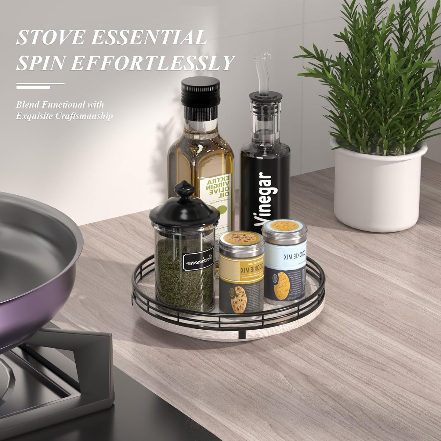 9" Wooden Lazy Susan Organizer for Cabinet, Turntable Round Decorative Tray for Kitchen Sink, Countertop Organizer, Bathroom Counter Organizer for Skincare Makeup, Rustic White