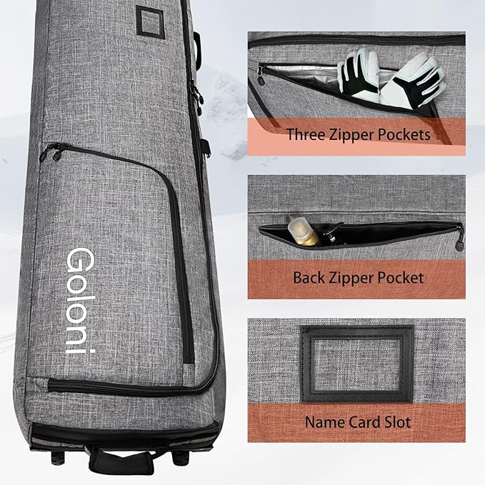 Goloni Ski Bag with Wheels,Padded Snowboard Bag for Air Travel,600D Waterproof Fabric,Foldable Snow Bag Fits 2 Pairs Skis