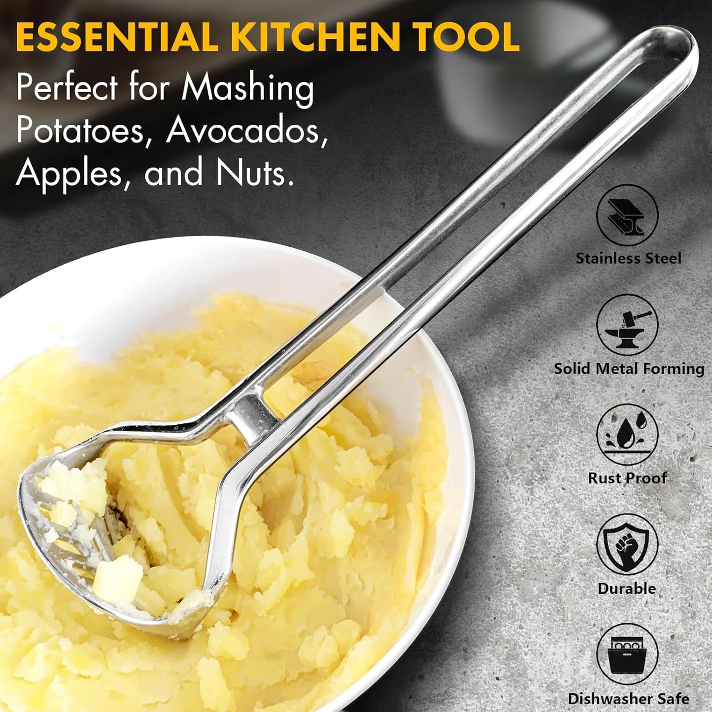 Heavy Duty Stainless Steel Potato Masher – Durable & Rustproof – Unique One-Piece Design for Quicker Mashing root vegetables, avocados, apples, beans, and nuts – 11-inch Long, Dishwasher Safe