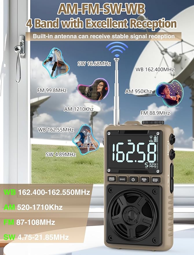 Bluetooth AM FM Shortwave Radio with NOAA Weather Alert,1250mAh Rechargeable Portable Pocket Radio with Best Reception,5W Big Speaker, Digital Tuner and Earphone,Support SD Card and USB Player（Brown）