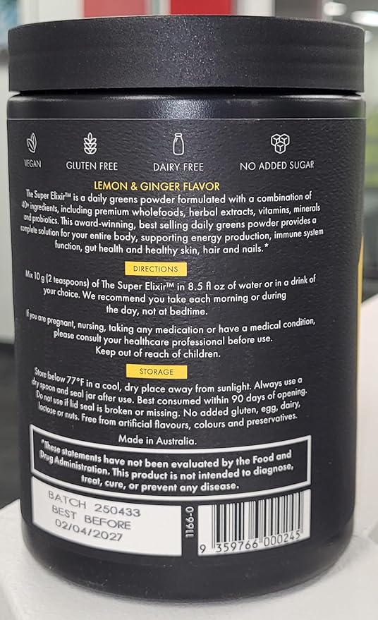 WelleCo The Super Elixir Daily Greens Powder, Probiotic Drink Mix with Whole Foods, Gluten Free, Vegan Gut Health Powder, Energy, Immunity, Healthy Skin, Hair & Nails (300g, Lemon Ginger)