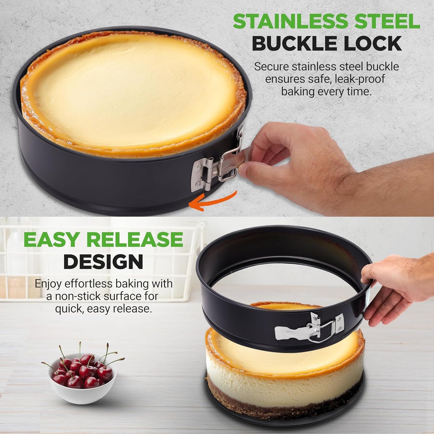 NutriChef 9 Inch Nonstick Cheesecake Springform Cake Pan | Stainless Steel Clasp & Removable Bottom | Durable Carbon Steel Cheesecake Pan | Easy to Clean | Includes 100 Parchment Papers | Black