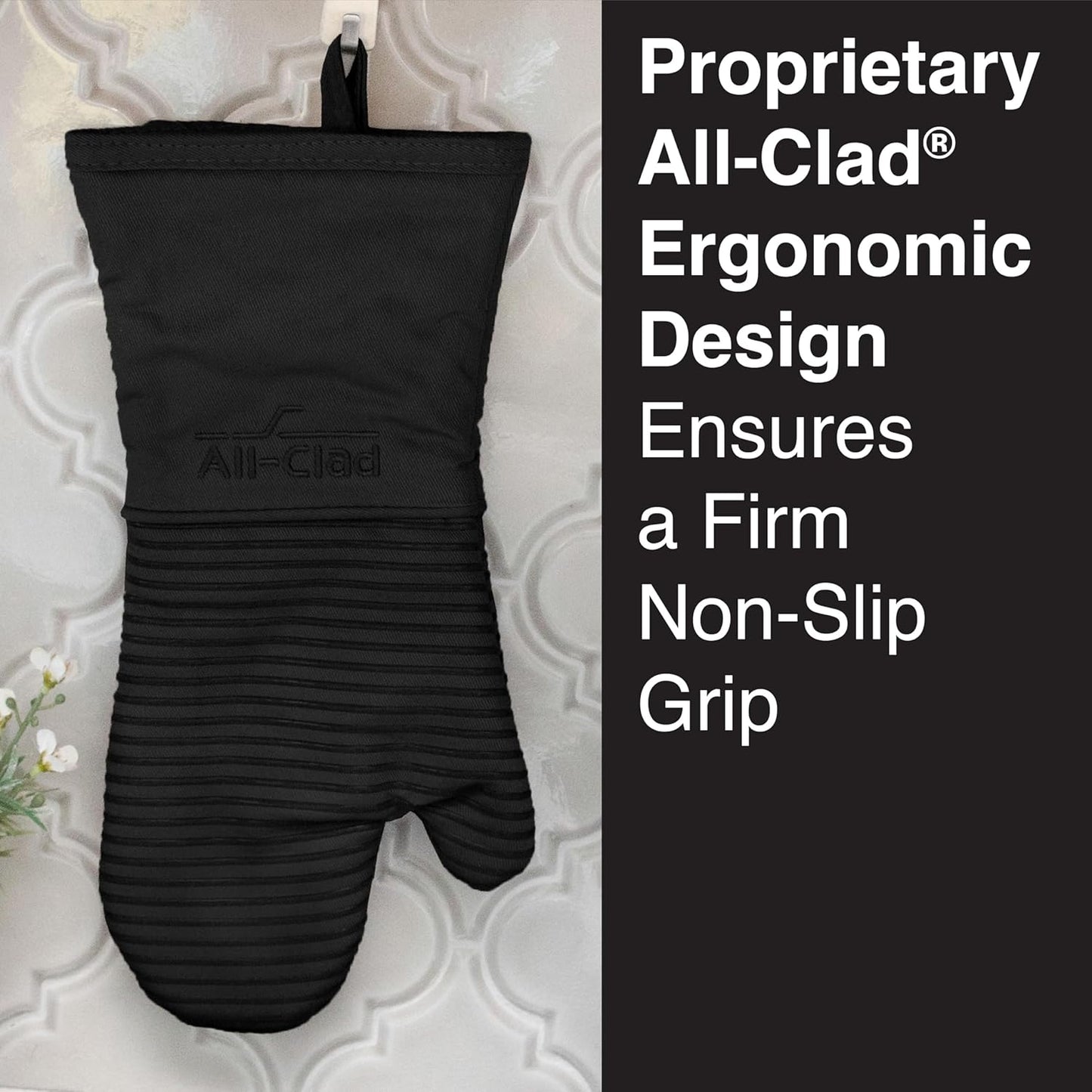 All Clad Silicone Oven Mitt: Heat Resistant up to 500 Degrees - 100% Cotton & Silicone, 14"x7" Oven Mitt for Kitchen and Barbeque, 1-Pack, Black