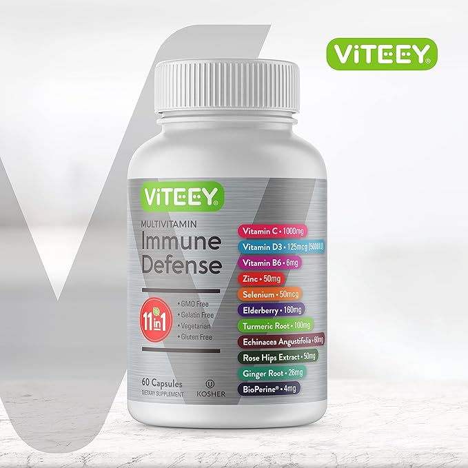 Viteey 11 in 1 Immune Support Supplement - Immune Defense with Vitamin D3, B6, Echinacea, Turmeric, Rose-HIPS, Selenium, BioPerine, Ginger, Elderberry Vitamin C and Zinc - 60 Count