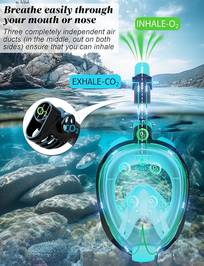 W WSTOO Full Face Snorkel Mask Adults,Suitable for Beginners Dry Top Snorkeling Gear,Can Your Mouth or Nose to Breathe,180 Degrees Panoramic View,Anti-Fog Anti-Leak,Summer Travel and Vacationing Gifts