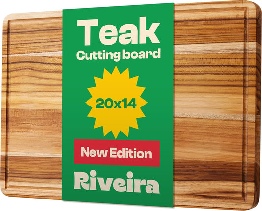 Riveira Teak Wood Cutting Board – Gourmet Teak Grandeur: 20 x 14 Wooden Cutting Board – Natural Wooden Cutting Boards For Kitchen Decorative – Innovative Juice Grooves Teak Wooden Chopping Board