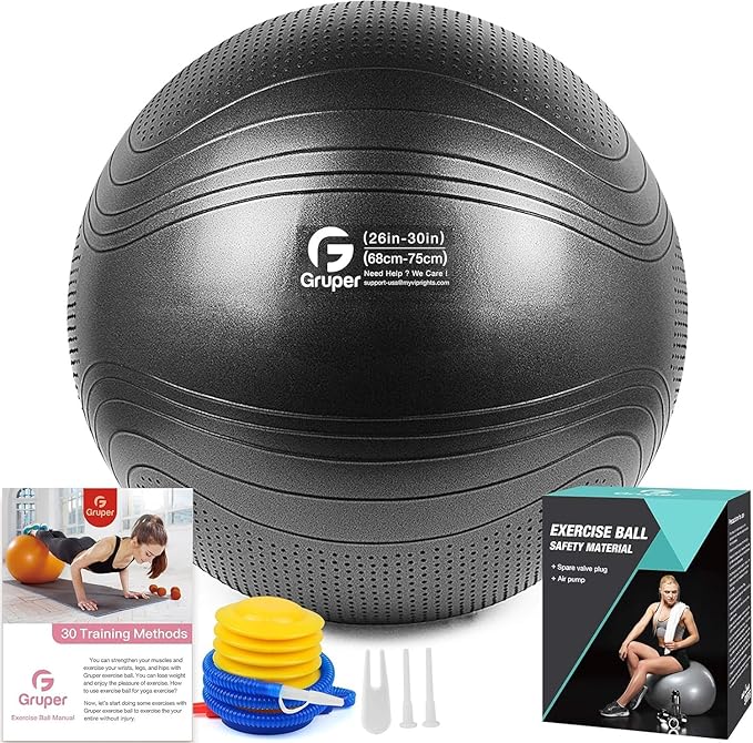 Yoga Ball, 22-30 Inch Extra Thick Exercise Ball for Workout Fitness Balance, Anti Burst Chair for Home and Office Desk, Includes Hand Pump & Workout Guide Access