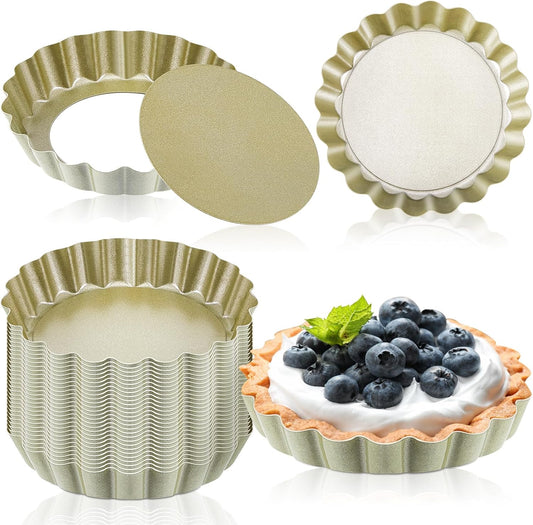 Uiifan 32 Pcs Mini Tart Pans Egg Tart Molds with Removable Bottom Round Nonstick Quiche Pan Mini Pie Pans Small Bakeware Mold Fluted Side for Mousse Cake Dessert Baking(4 Inch,Gold)