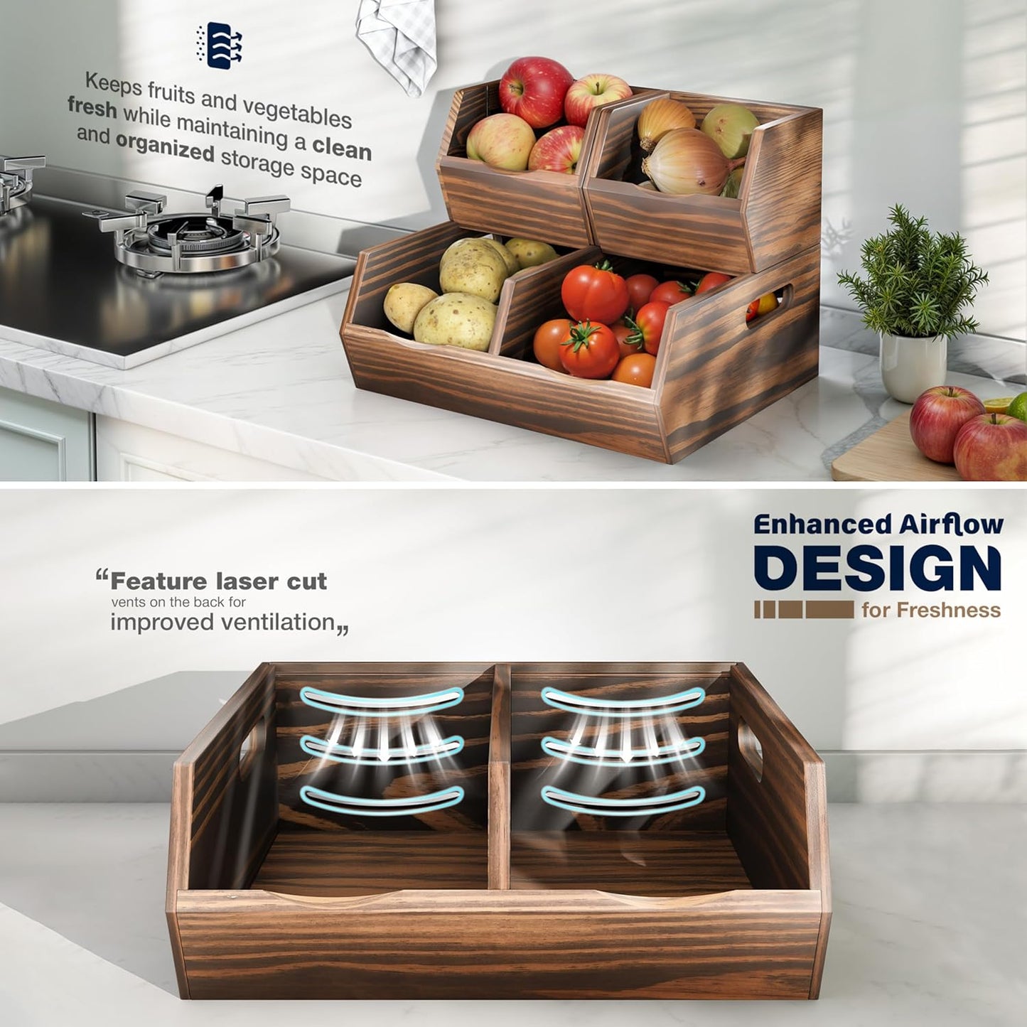 Acacia Wood Pantry Storage Bins – Stackable Open Front Kitchen Baskets for Potato, Onion, Fruit, Bread & More – Rustic Wooden Basket for Pantry (Walnut - Pine Wood)