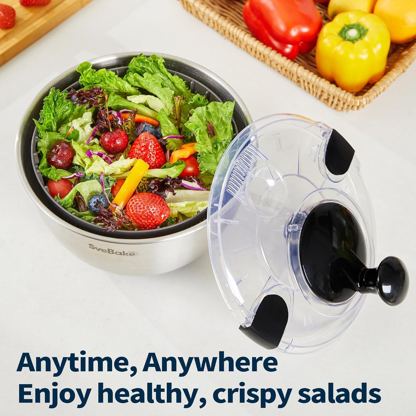 Stainless Steel Salad Spinner, 4.2 Qt Vegetable Washer, BPA-Free Lettuce Dryer with Crank Design, Dishwasher Safe, Non-Slip Base - Transparent Lid