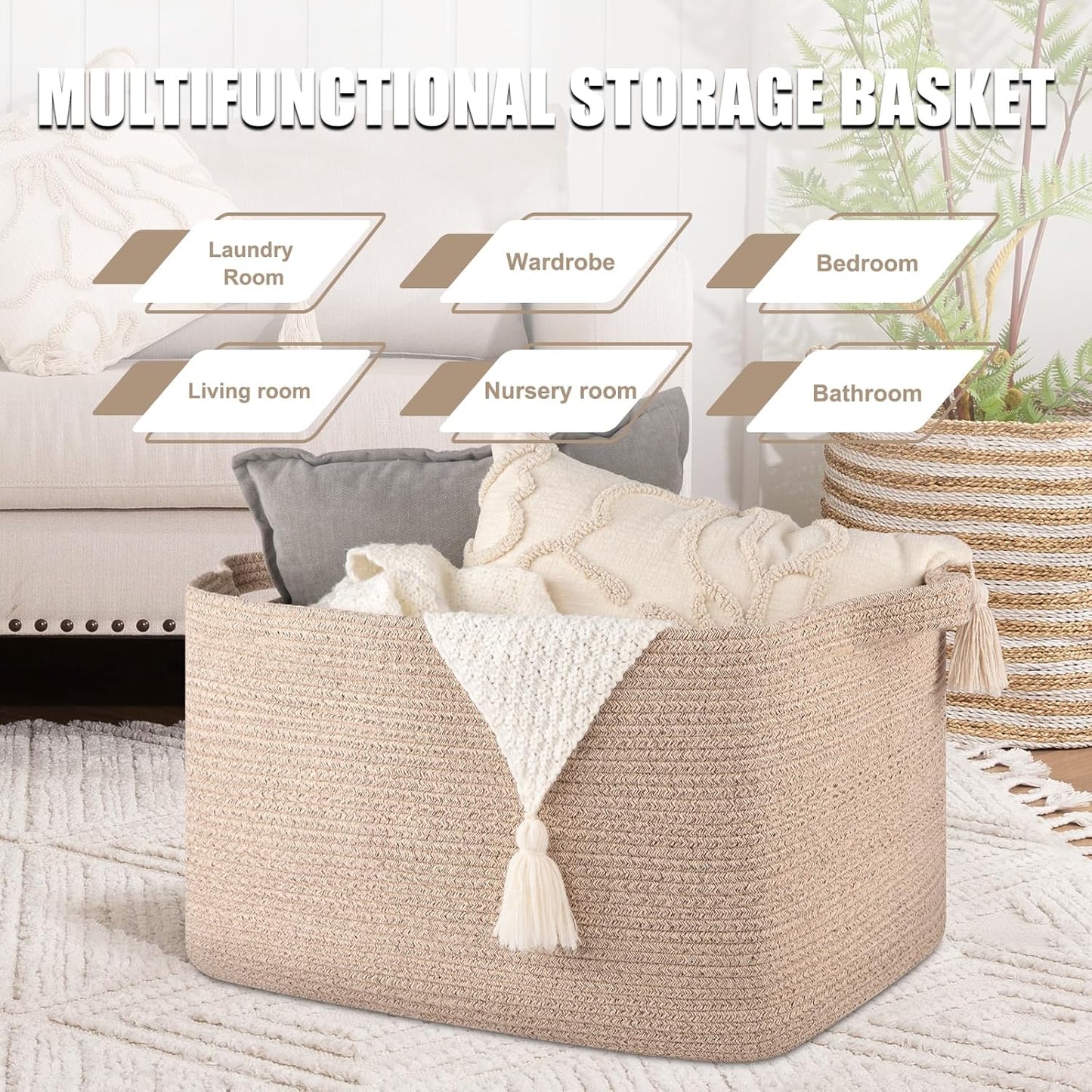95L Large Storage Basket, Cotton Rope Woven Blanket Basket, Toy Storage for Baby Room, Living Room, 24" x 16.9" x 14.2", Brown