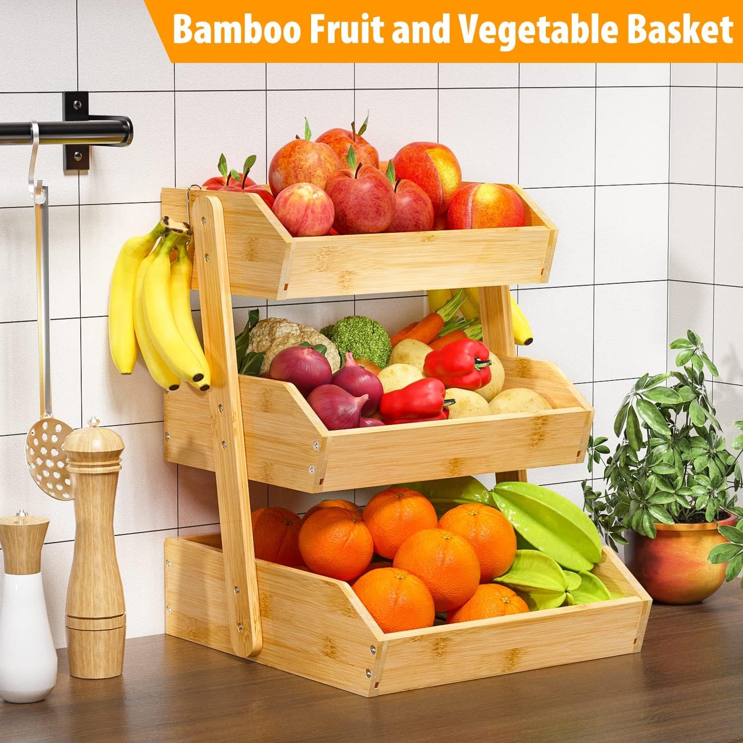 Bamboo Fruit Basket for Kitchen – 3 Tier Fruit Bowl For Kitchen Counter, Large Fruit Holder With 2 Banana Hangers, Idea For Fruit and Vegetable Storage, Bread Basket, Snack Organizer(Bamboo)