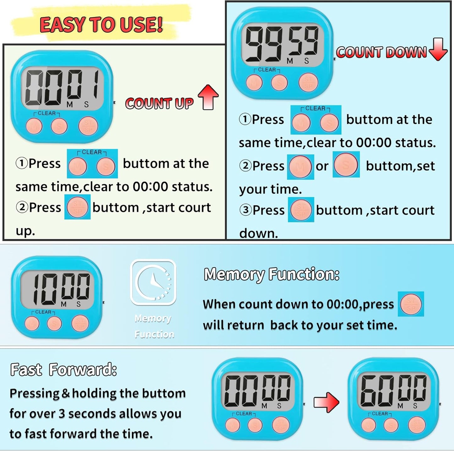 12 Pack Kitchen Timers Loud Ring Digital Timers for Cooking Magnetic Blue