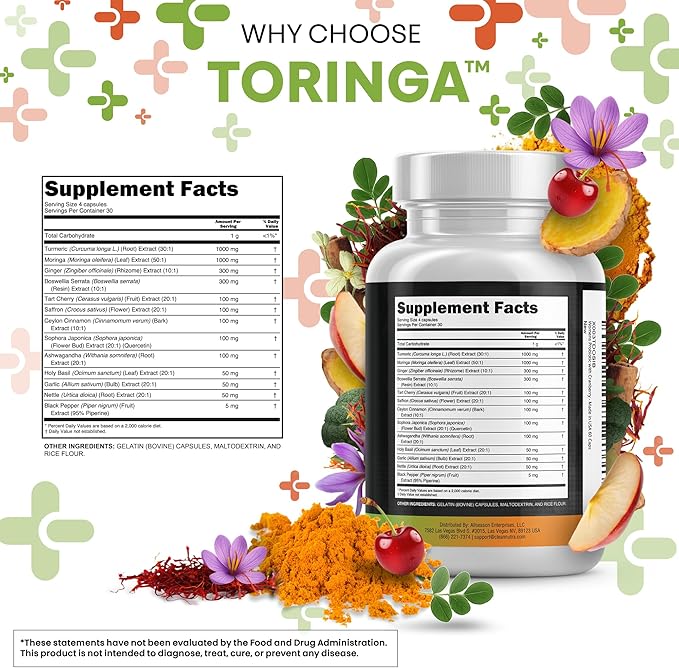 Turmeric Moringa Supplement | Ginger Boswellia Saffron - Supplement for Women and Men with Ceylon Cinnamon, Tart Cherry, Quercetin Garlic Nettle Holy Basil - 3Pack