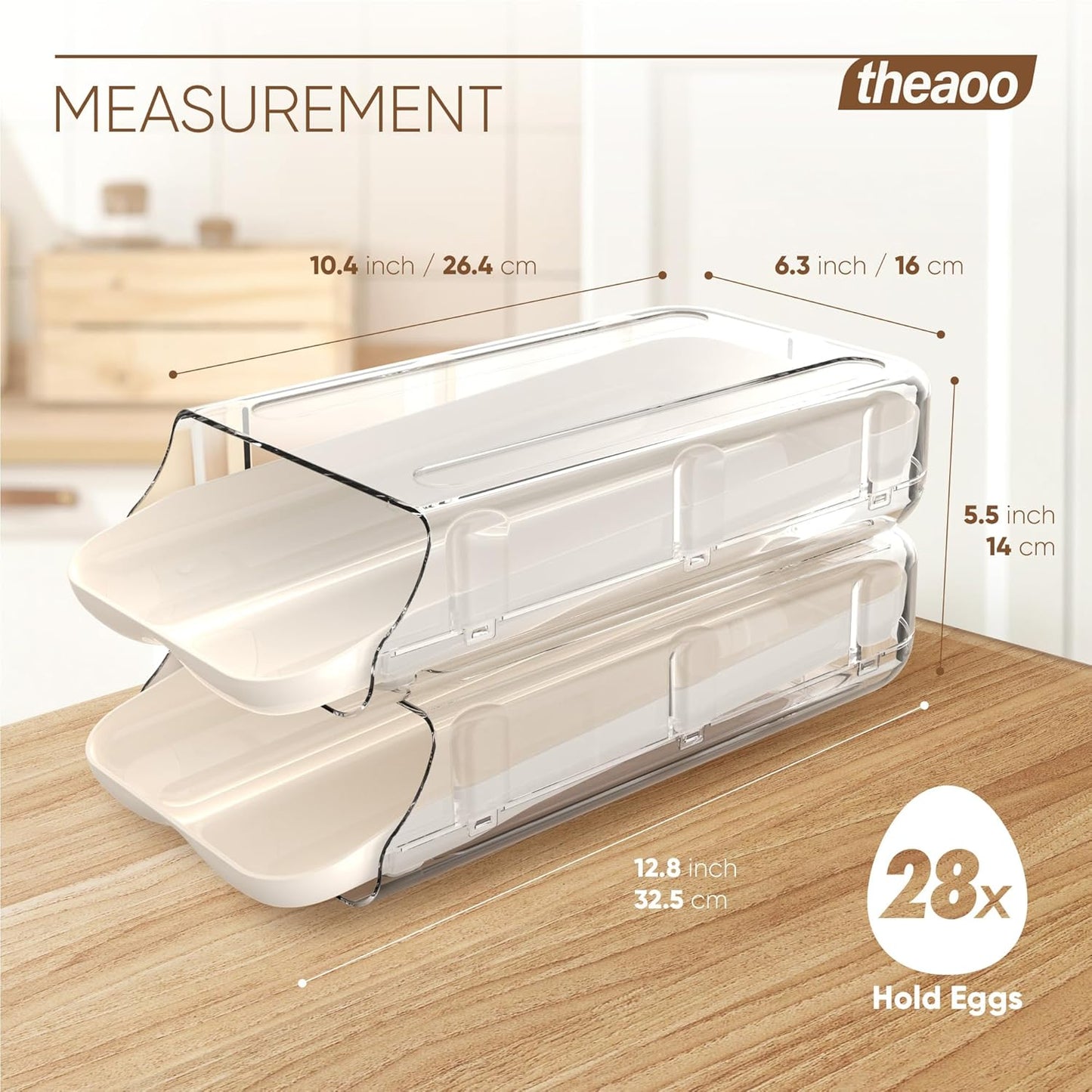 theaoo Egg Holder for Fridge, Automatic Rolling Egg Container for Refrigerator, Clear Plastic Egg Dispenser, Stackable Eggs Organizer with Quick Removable inner Tray For Organizers and Storage, 2 Pack