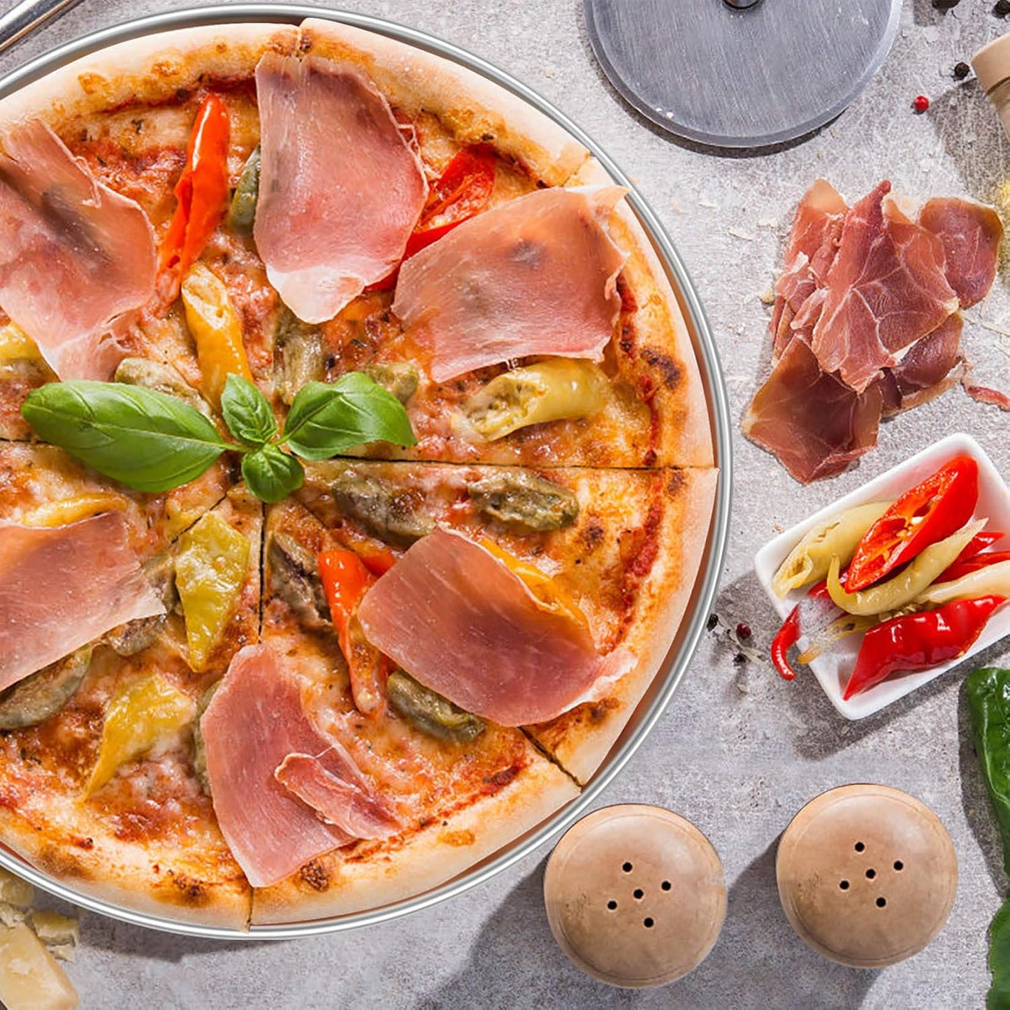 P&P CHEF 13.5 Inch Pizza Pan, 3 Pieces Stainless Steel Round Pizza Tray Dish Plate For Oven Baking Roasting, Healthy & Heavy Duty, Rust Free & Dishwasher Safe -Silver