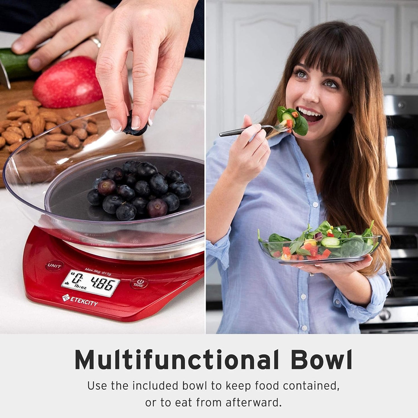 Etekcity 0.1g Food Kitchen Scale, Bowl, Digital Grams and Ounces for Weight Loss, Dieting, Baking, Cooking, and Meal Prep, 11lb/5kg, Stainless Steel Red