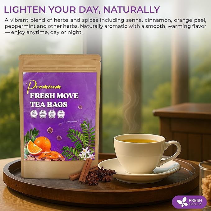 FreshDrinkUS, Fresh Move Tea – 40 Tea Bags - Herbal Tea Blend with Senna Leaves, Cinnamon, Orange Peel, Ginger & More – Caffeine-Free, Natural Ingredients – Smooth Flavor for Everyday Enjoyment