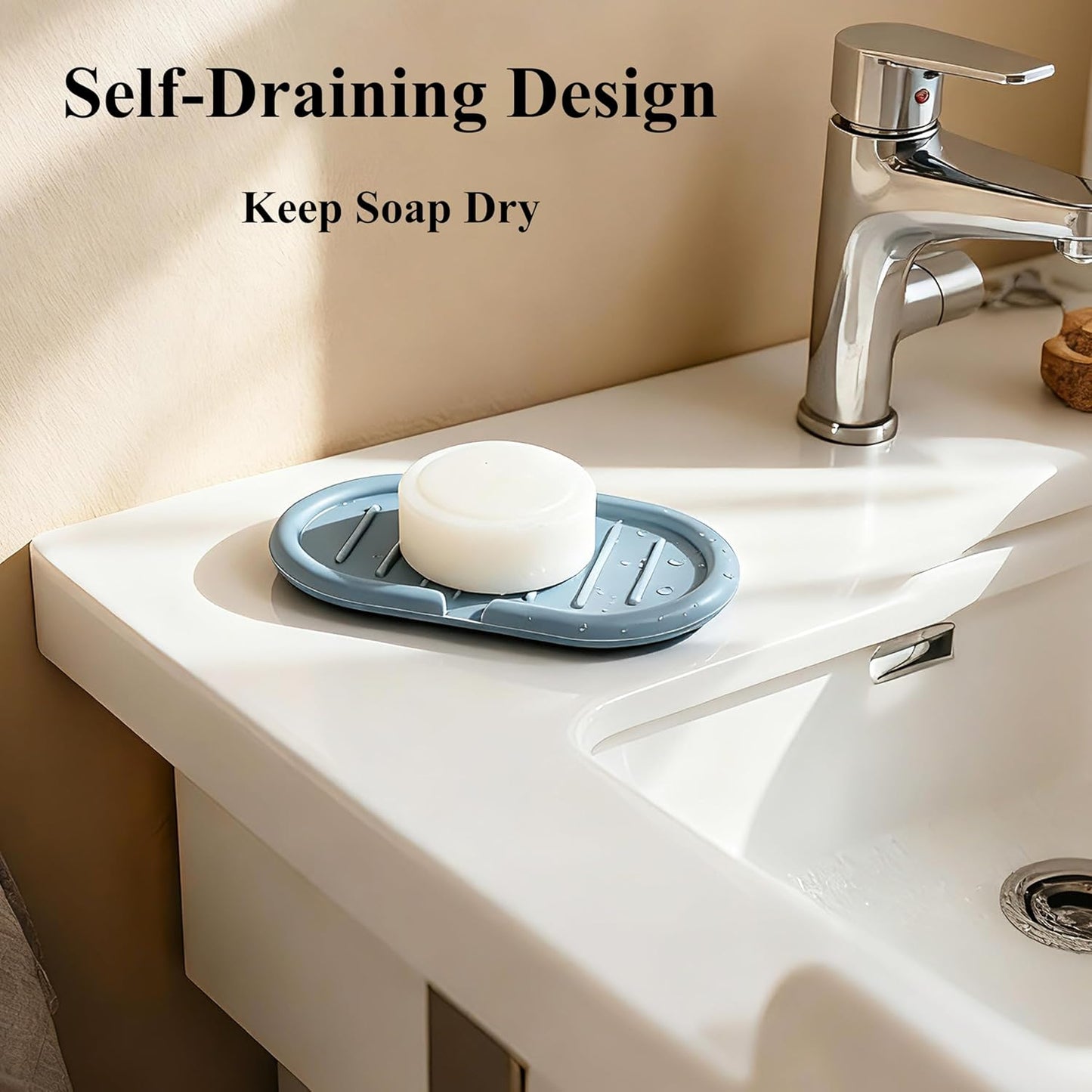 Self-Draining Oval-Shaped Silicone Soap Dish, Soap Holder/Tray/Saver for Shower, Bathroom, Kitchen, Keep Soap Dry, Easy to Clean (2, Light Color)