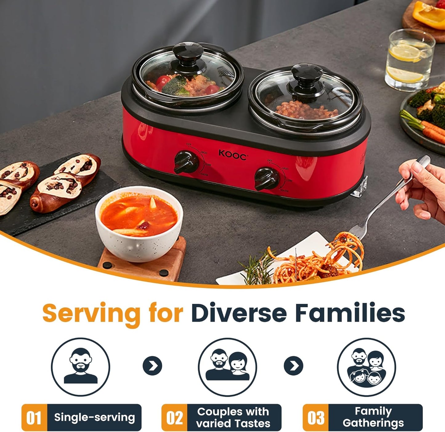KOOC Double Small Slow Cooker, Buffet Server and Warmer, 2 Mini Pots with 3 Individual Adjustable Temp, Dual Ceramic Pots, Free Liners for Easy Clean-up, Stainless Steel, Total 2.5 Quart, Red, Round