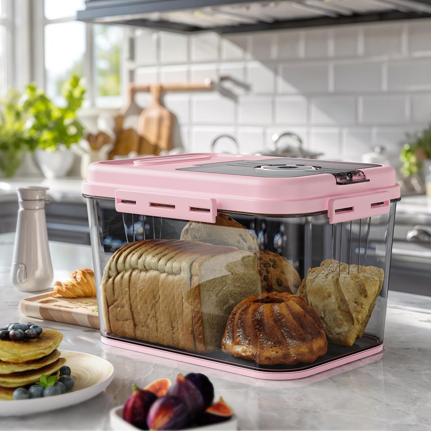 Bread Box, Airtight Braed Storage Container, Bread Box For Kitchen Countertop, Time Recording Bread Storage with Lid, Flip-Top Bread Keeper, Pink