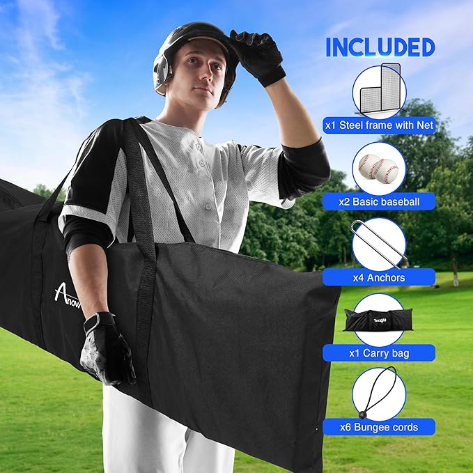 Yes4All Portable L-Screen Baseball 7x7ft with 2 Baseballs, Rubber Wheels - L Screen Baseball for Batting Cage, Protective Pitching Screen Net Double Layers, Carry Bag Included