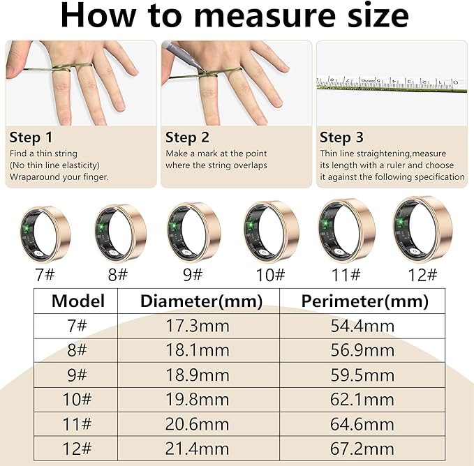 Thin Smart Ring for Fitness & Health Tracking -Pedometer,Sleep/Heart Rate/Blood Oxygen Monitor, Gesture Control / 5ATM Waterproof -No APP Subscription Compatible with Android& iOS (Rose Gold, 7)