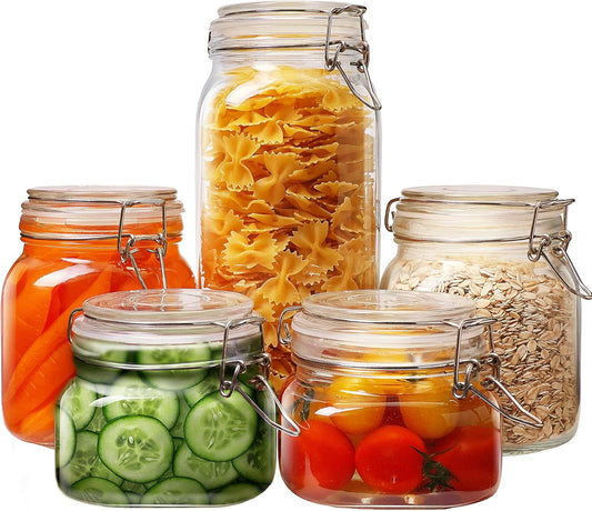 Multi Size - 5 Pack Square Glass Jars with Airtight Lid, Wide Mouth Mason Jars with Clamp Lids, Air Tight Glass Canisters, Best Food Storage Containers for Cereal, Pasta, Rice, Sugar, Coffee, Spice