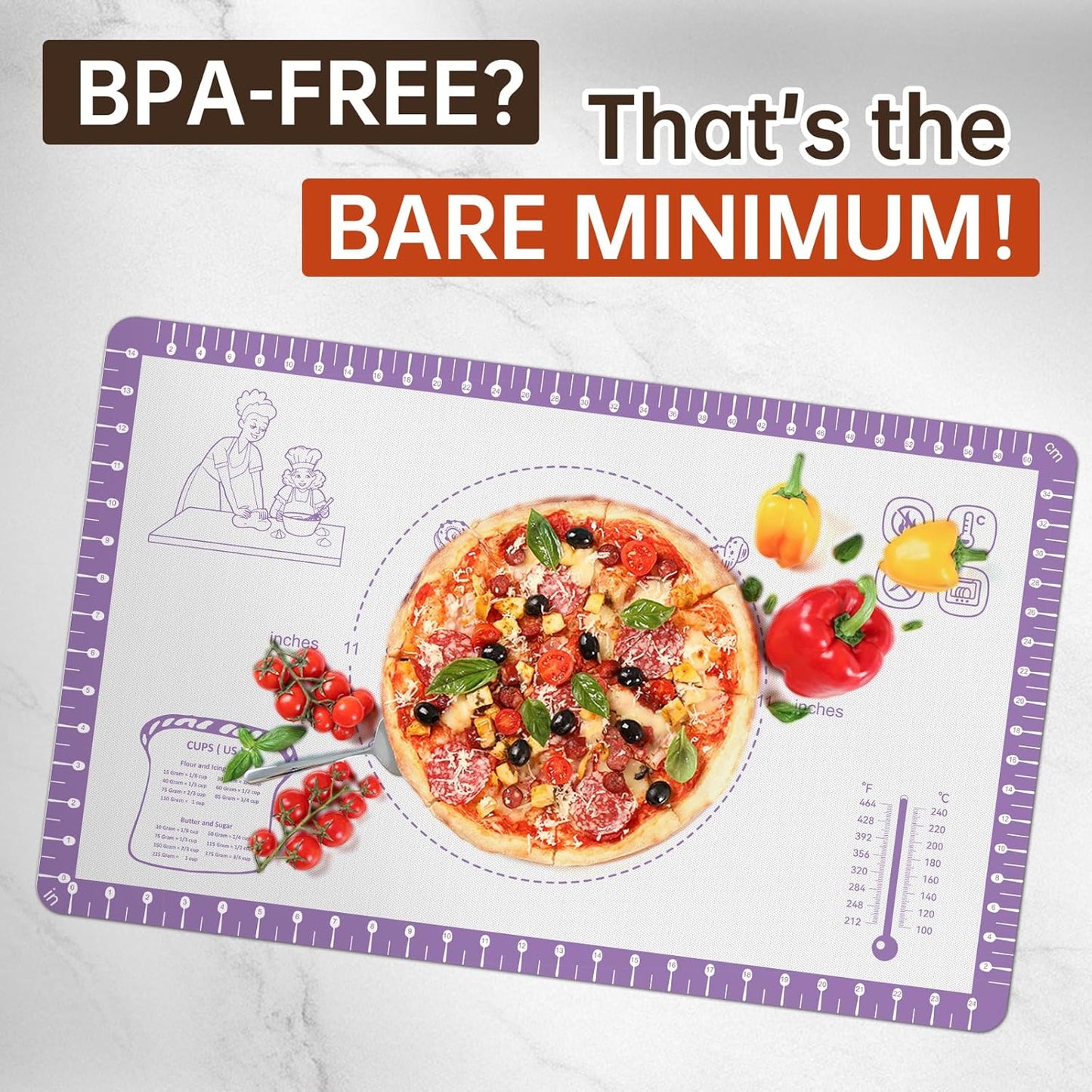 Non Stick Silicone Pastry Mat for Dough Rolling, Silicone Baking Mat for Bread, Cookie, Macaron, Pizza, Surdough, Non Slip Silcone Mat for Counter, Baking Suppliers with 10 Useful Recipes