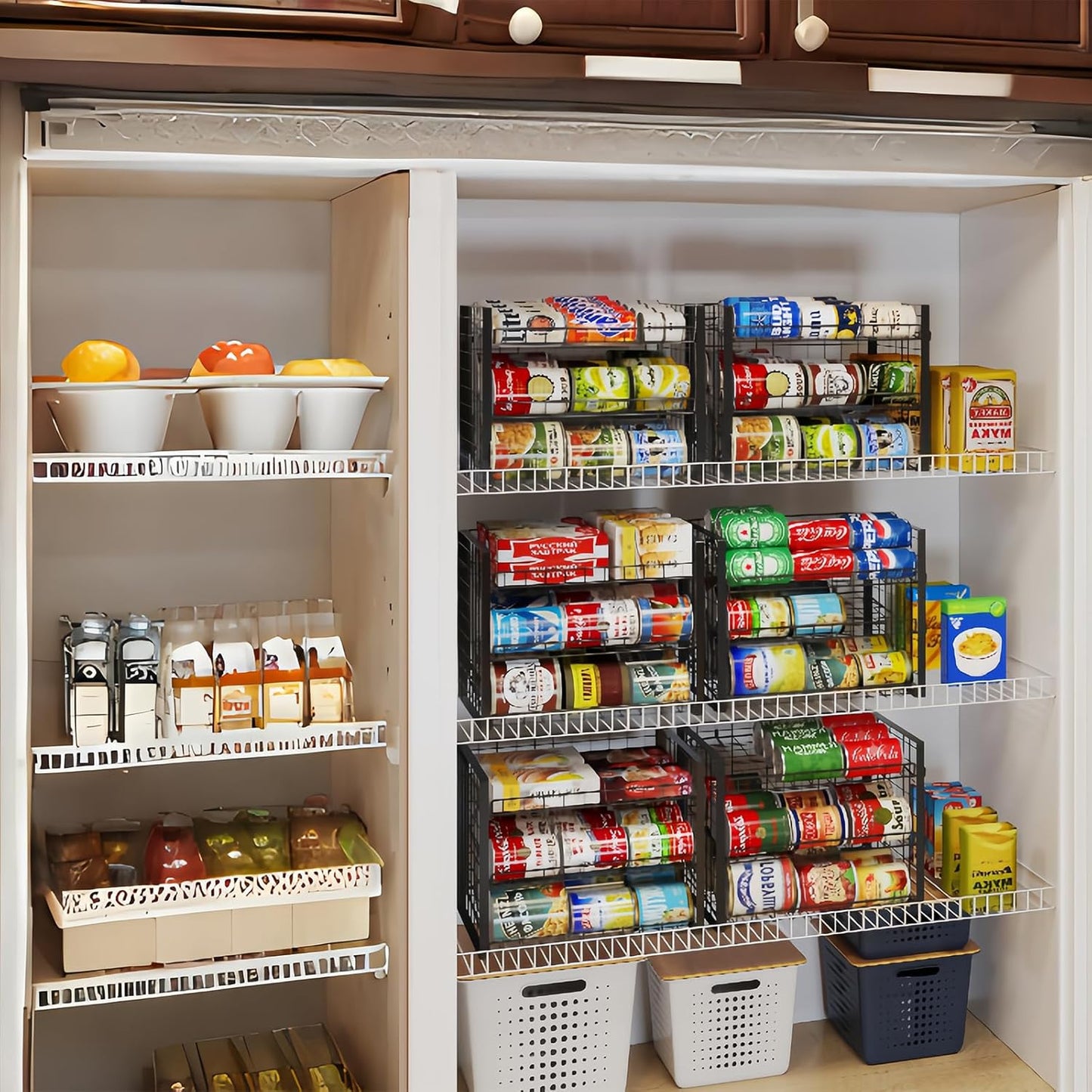 3 Tier Stackable Can Rack Organizer for Pantry, Adjustable Can Holder for Various Ounce of Canned Food Soup Goods Soda Drink, Rolling Tiered Can Dispenser for Kitchen Cupboard Cabinet, 2 Pack