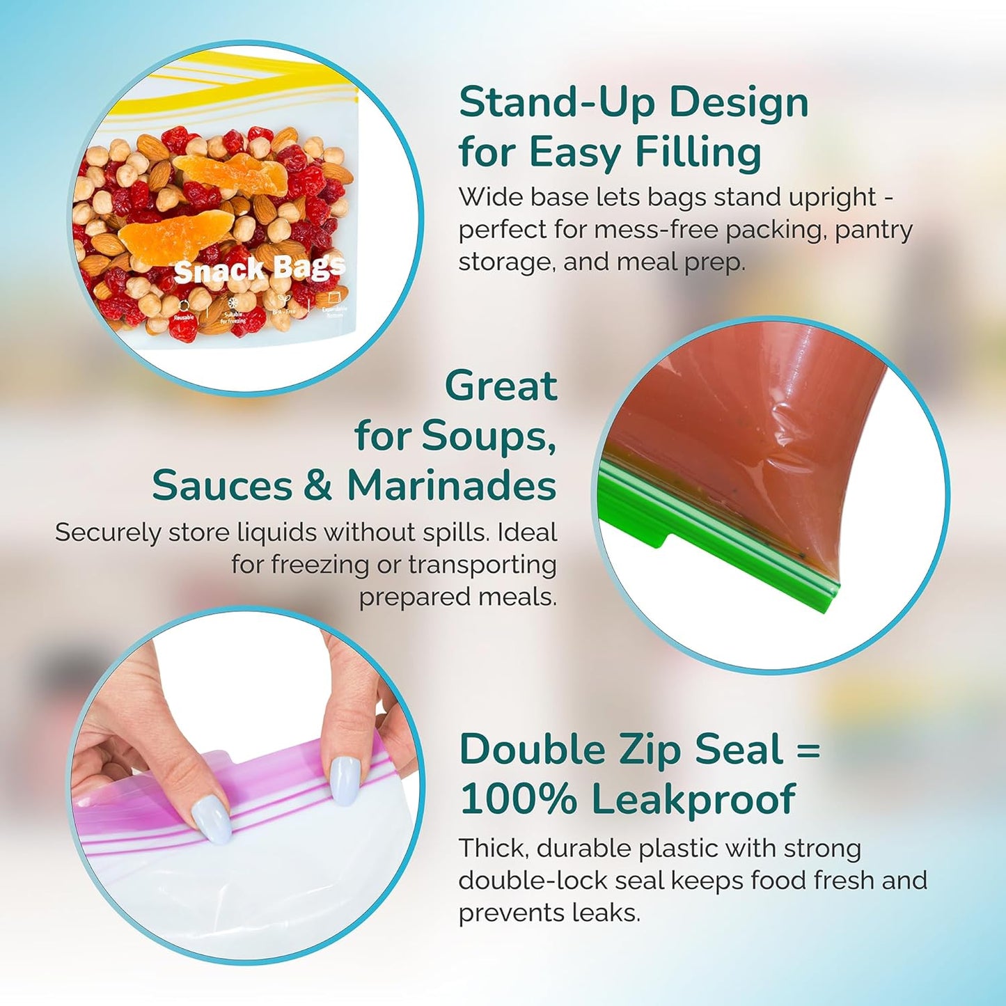 J&&J FRESH Reusable Food Storage Bags – 260 Pack Variety Pack (Snack, Sandwich, Quart, Gallon) – BPA-Free, Leakproof Zipper Bags with Expandable Bottom – Freezer Bags Safe, Kitchen & Pantry Organizer