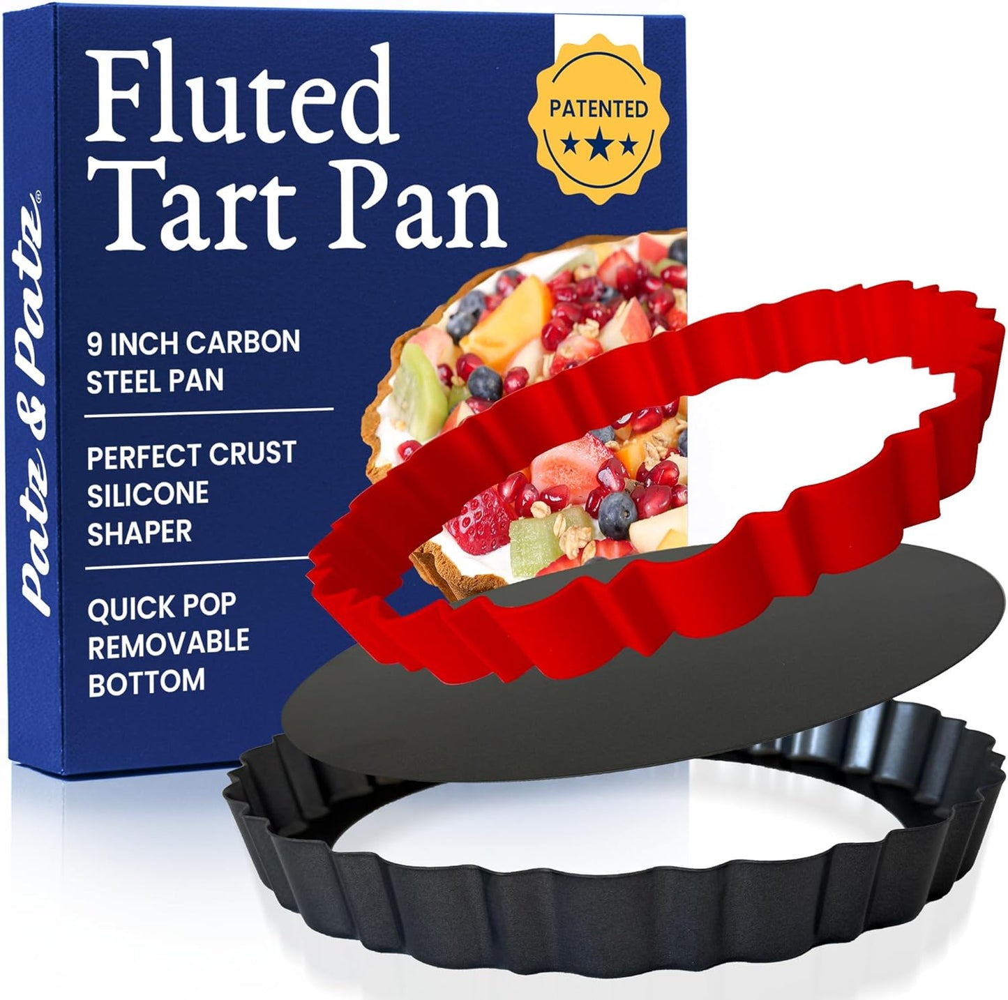 Patz&Patz Fluted Tart Pan 9 Inch Removable Bottom with Patented Silicone Crust Shaper | Nonstick Carbon Steel Quiche Baking Dish, Fruit Tart Molds for Baking, Quiche Pan & Pie Mold - PFOA & PTFE-Free