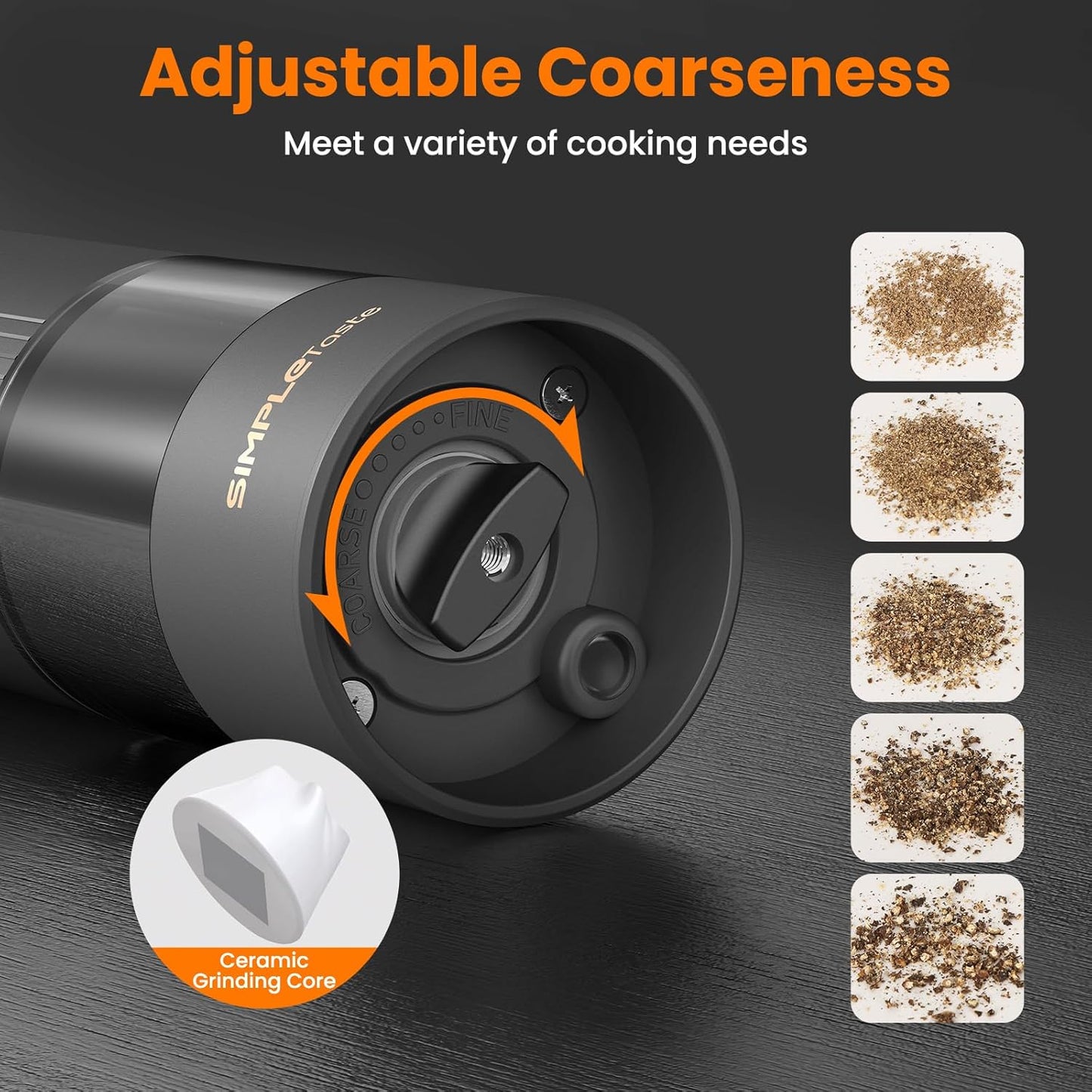 SIMPLETASTE Electric Salt and Pepper Grinder Set Rechargeable with LED Light and Dust Cover, Automatic Pepper Mill Shakers with Adjustable Coarseness, One Hand Operation for Kitchen, Dining, Gifting