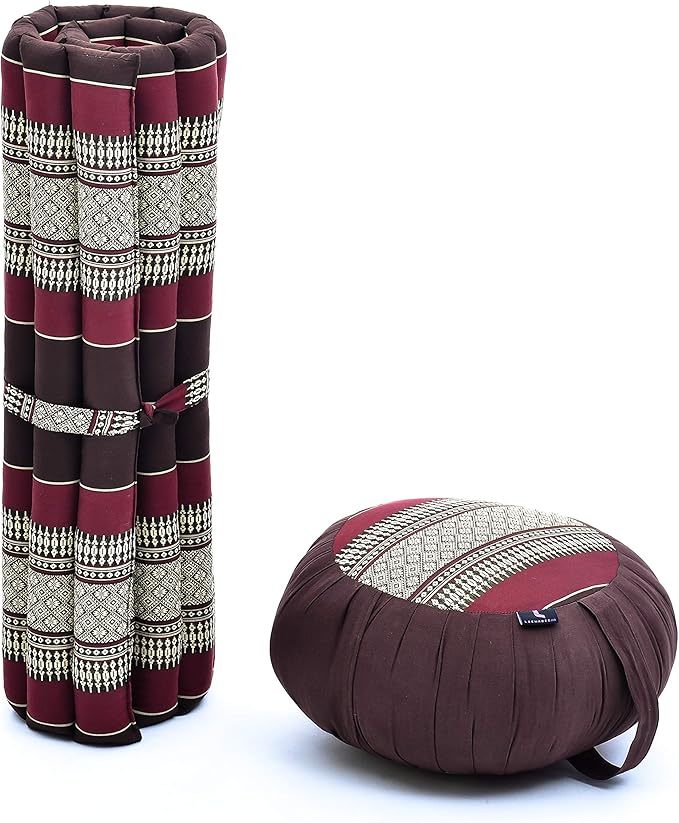 Leewadee Meditation Cushion Set – 1 Round Zafu Meditation Pillow and 1 Square Roll-Up Zabuton Meditation Mat, Pillows Bundle Filled with Kapok