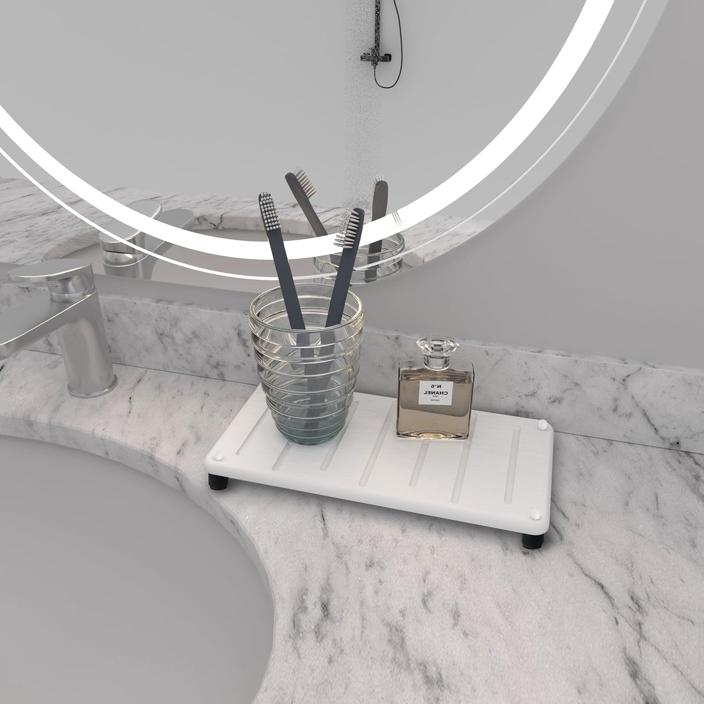 2PCS Water Absorbing Stone Drying Mat for Bathroom Sink & Kitchen Counter Organizer, Instant Dry Soap Dispenser Sponge Holder, Sink Caddy, Vanity Tray (10"x5"-White)