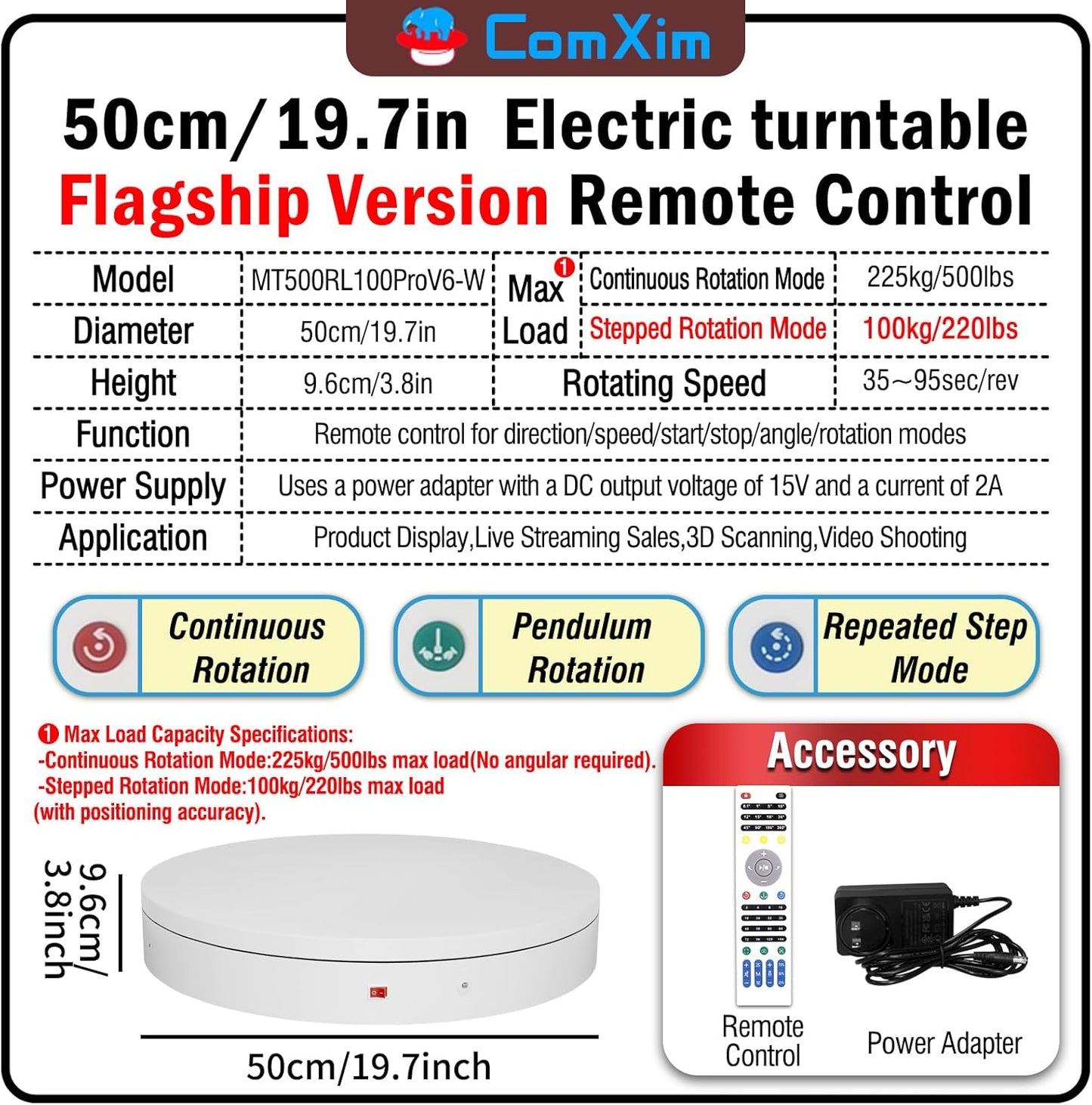 19.7In Remote Large Motorized electric turntable Rotating platform Photography Turntable Motorized lazy susan Base giratoria para for Photography,3D Scanner,Heavy duty display(Load Range:220~500lbs)