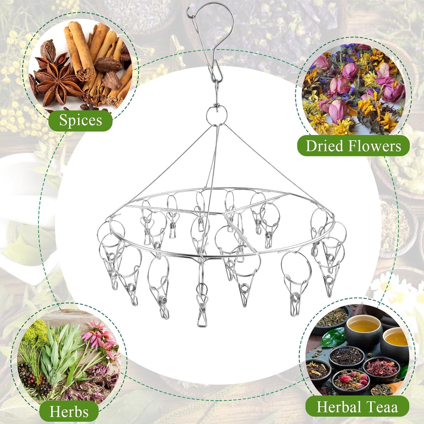 4Pcs Hanging Herb Drying Rack for Herb, Stainless Steel Herb Drying Rack with 20 Hooks, Flower Drying Rack for Herbs, Space Saving Herb Dryer for Fresh and Aromatic Herbs(Round), RHB-001