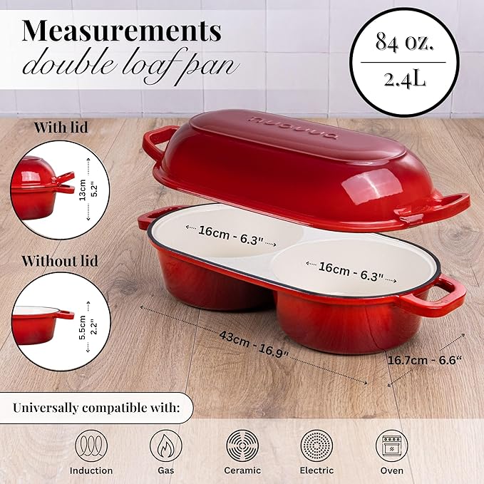 Dutch Oven For Sourdough Bread Baking – Enamelled Cast Iron Bread Loaf Pot – 500°F Oven Safe Non Stick Bread Pot – Double Round Loaf Space, 16.5cm Diameter, Red, – by Nuovva