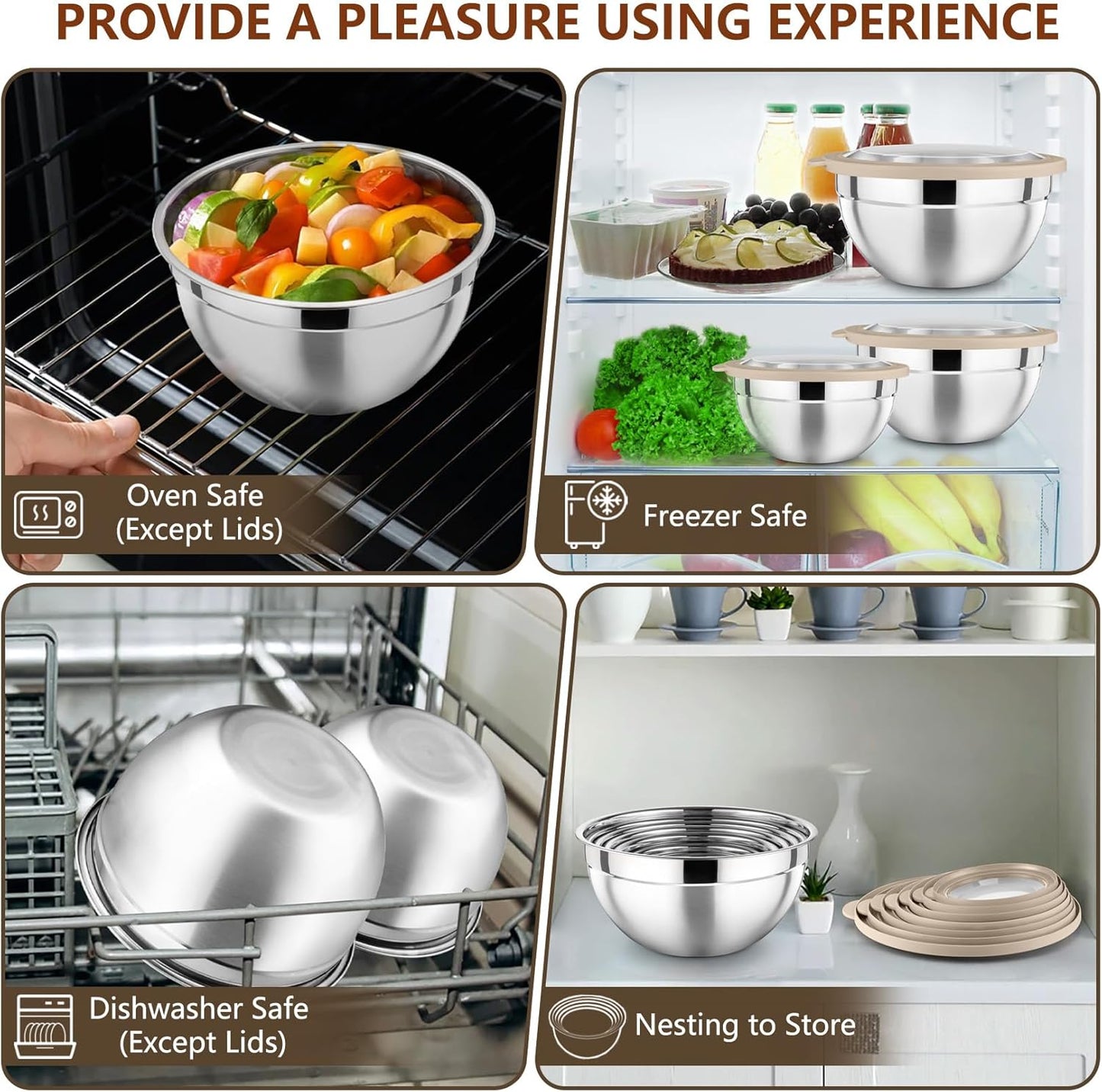 P&P CHEF Mixing Bowl with Lid Set of 7, Stainless Steel Nesting Salad Bowls for Cooking Serving Prepping, Clear Lids & Stackable Design, Size 4.6, 3.5, 3, 2, 1.5, 1, 0.7 Qt - Khaki