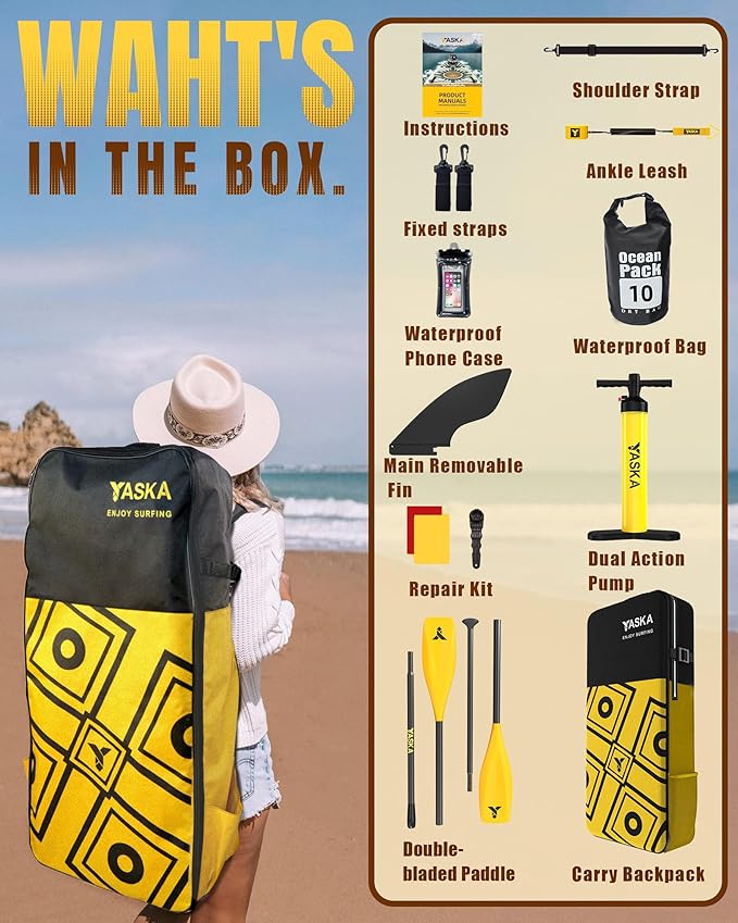 YASKA Inflatable Stand Up Paddle Board - 11ft Extra Wide Paddleboard with Premium SUP Board Accessories,Camera Mount,Non-Slip EVA Deck,5 Handles,Youth/Adult