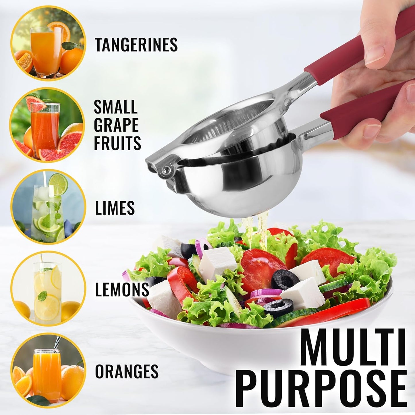 Zulay Lemon Squeezer Stainless Steel with Premium Heavy Duty Solid Metal Squeezer Bowl and Food Grade Silicone Handles - Large Manual Citrus Press Juicer and Lime Squeezer Stainless Steel (Cranberry)