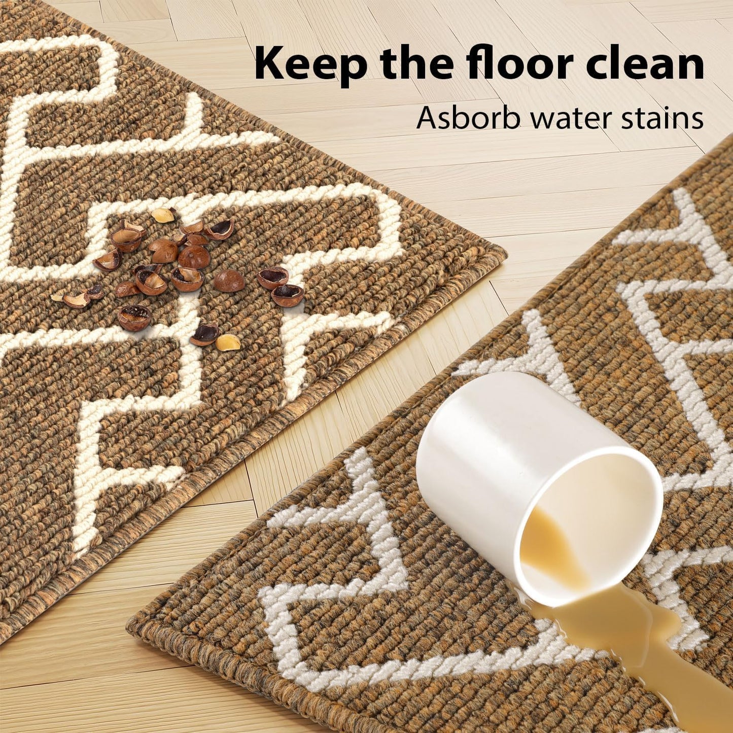 hicorfe Kitchen Rugs and Mats Sets,Non-Slip 2 Pieces Absorbent 100% Polypropylene Rug,Comfort Kitchen Runner Mat,Washable for Kitchen,Sink,Laundry(20" x 31.5" Plus 20" x 48",Brown)